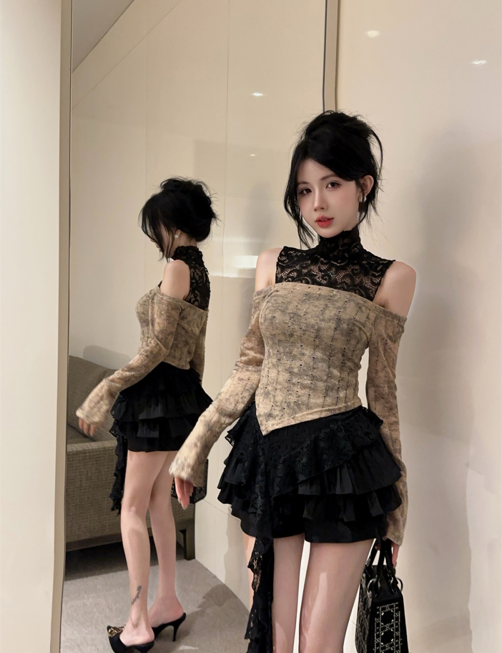 Strapless lace tops enticement vest 2pcs set