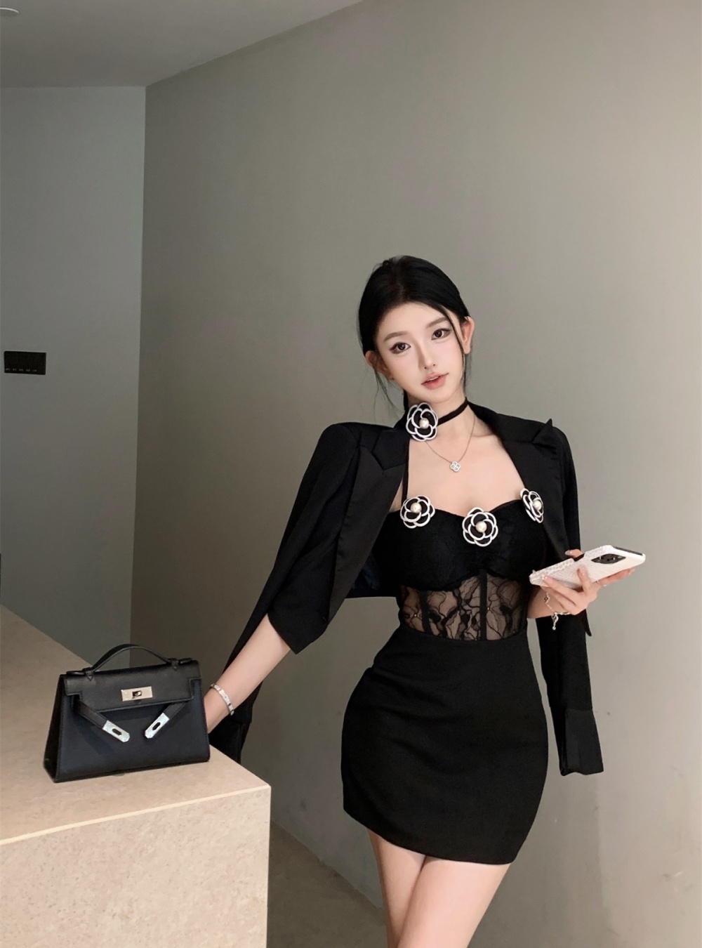 Flowers business suit wrapped chest dress 2pcs set for women