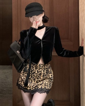 Leopard retro tops enticement short skirt 2pcs set