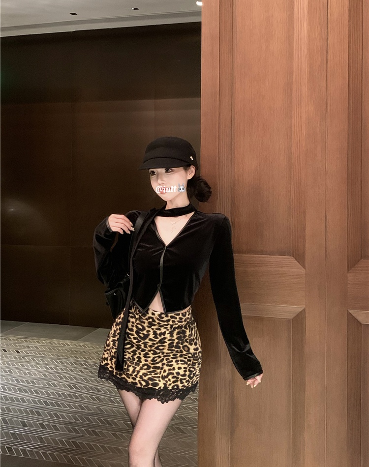 Leopard retro tops enticement short skirt 2pcs set