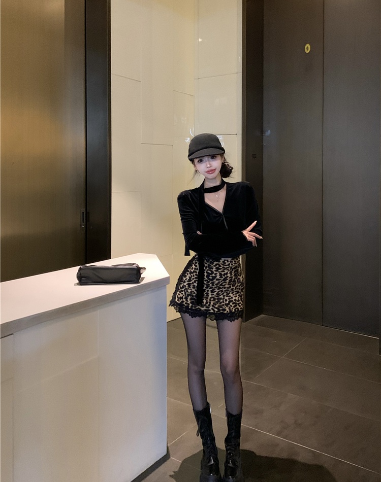 Leopard retro tops enticement short skirt 2pcs set