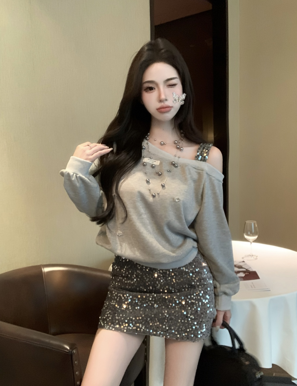 Autumn package hip hoodie sequins skirt 2pcs set