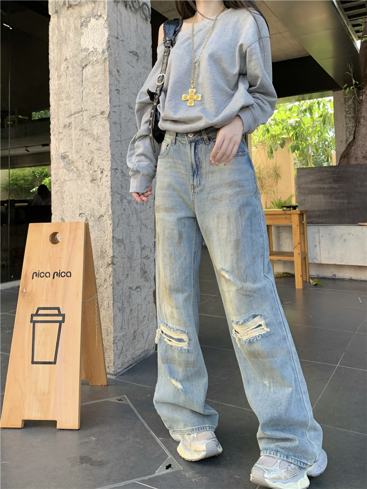 Patch straight retro holes jeans