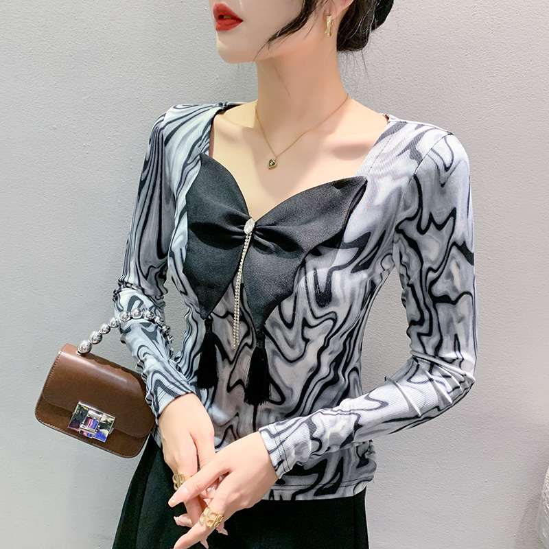 Printing Korean style tops tassels bow T-shirt for women