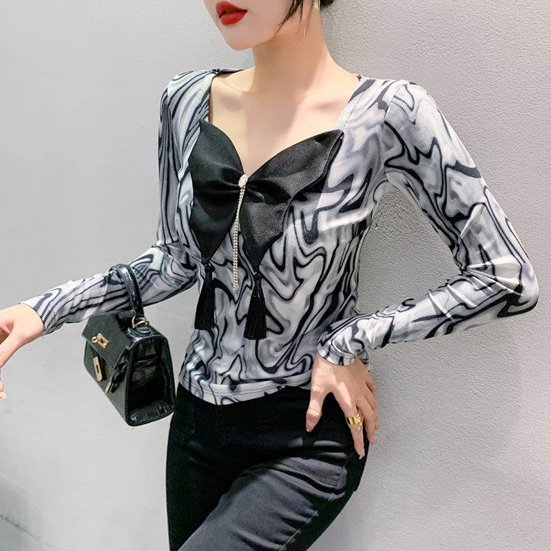 Printing Korean style tops tassels bow T-shirt for women