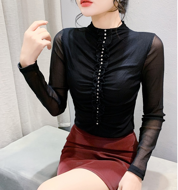 Pullover slim bottoming shirt rhinestone T-shirt for women