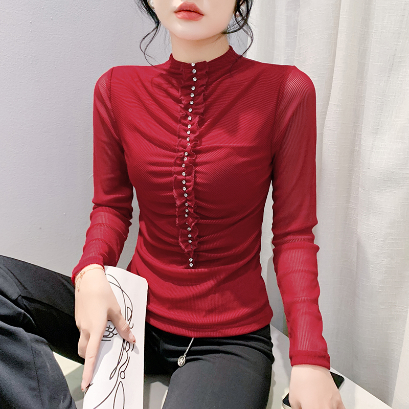 Pullover slim bottoming shirt rhinestone T-shirt for women