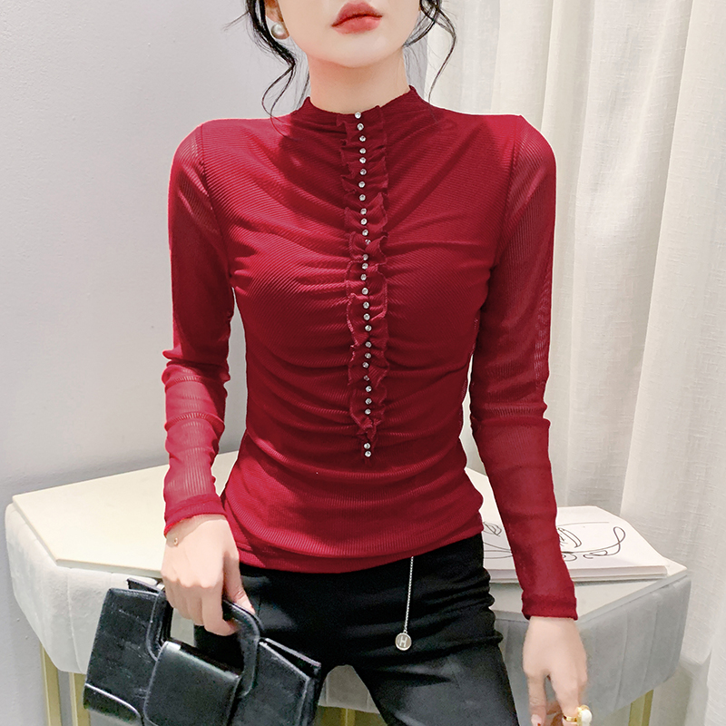 Pullover slim bottoming shirt rhinestone T-shirt for women