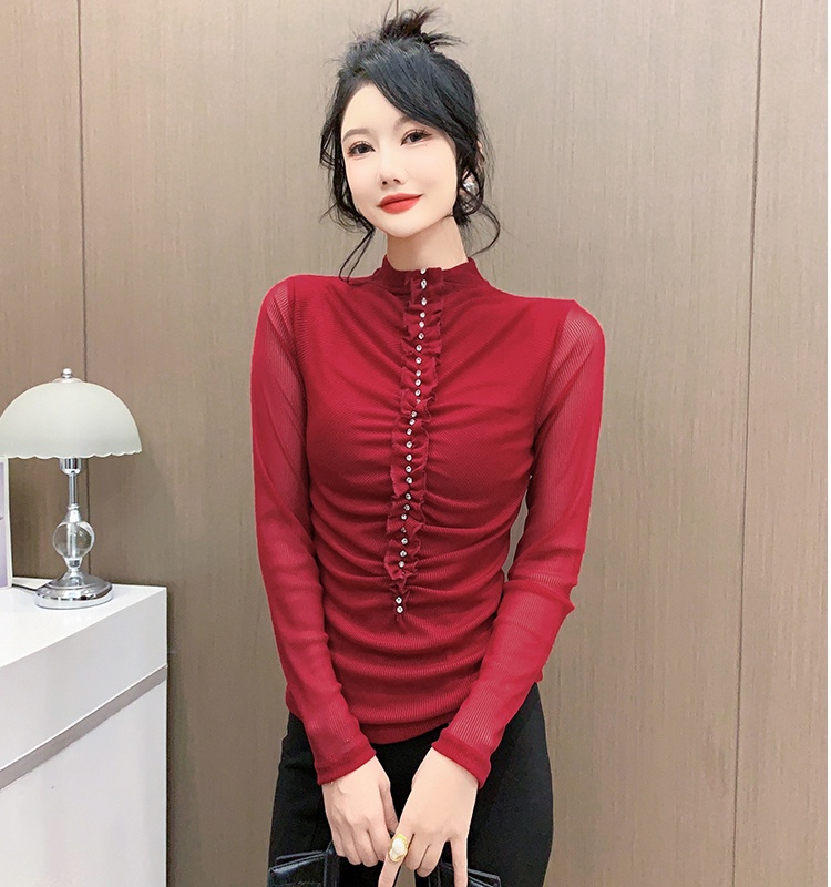 Pullover slim bottoming shirt rhinestone T-shirt for women