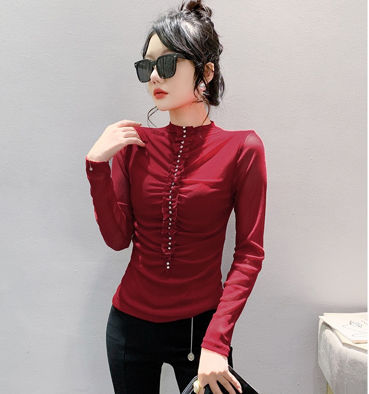 Pullover slim bottoming shirt rhinestone T-shirt for women