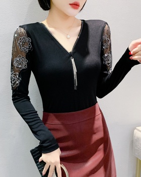 Long sleeve bottoming pattern T-shirt beading slim unique tops