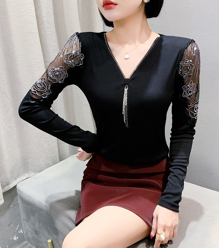 Long sleeve bottoming pattern T-shirt beading slim unique tops