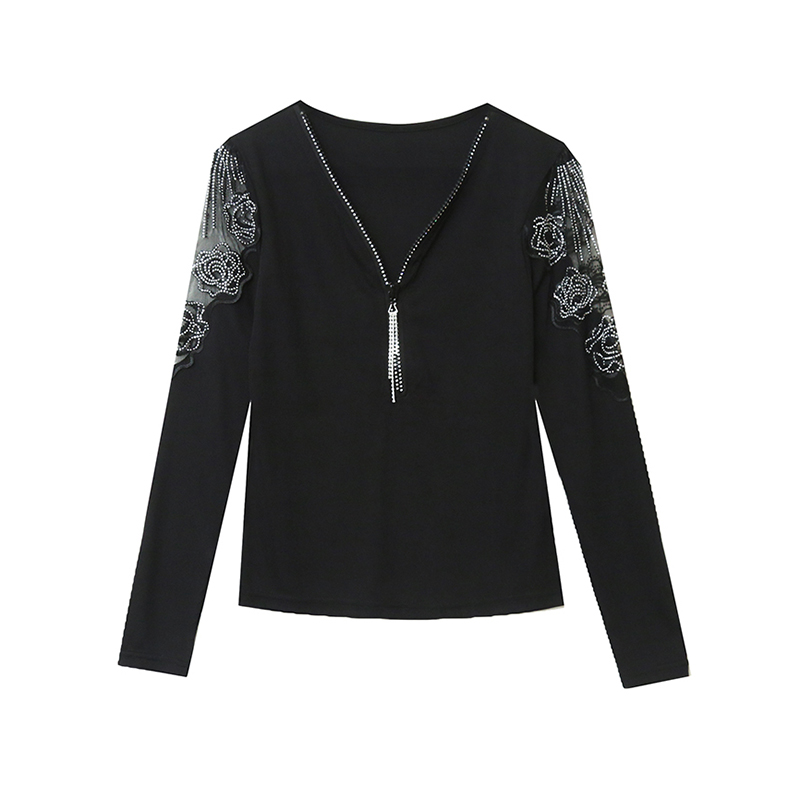 Long sleeve bottoming pattern T-shirt beading slim unique tops