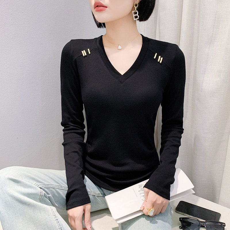 Slim gauze beauty back printing V-neck small shirt for women