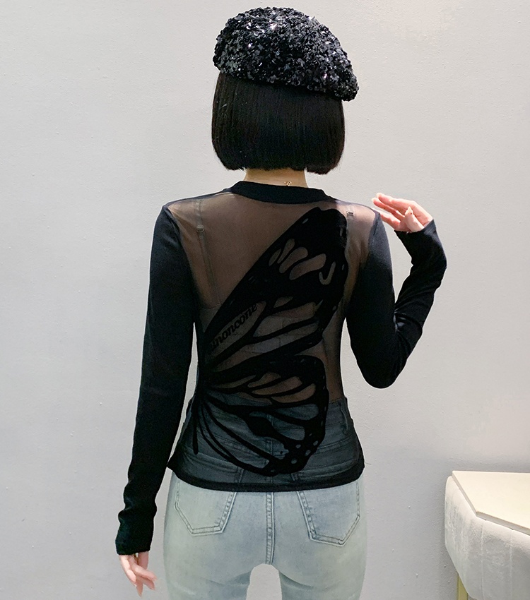 Slim gauze beauty back printing V-neck small shirt for women