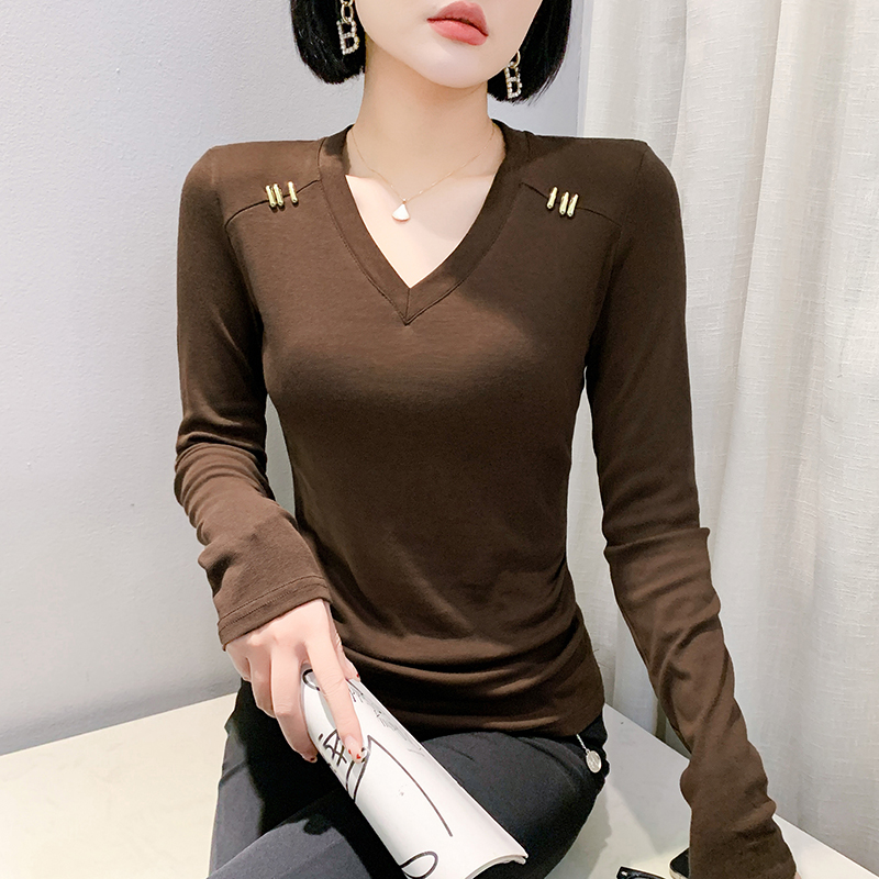 Slim gauze beauty back printing V-neck small shirt for women