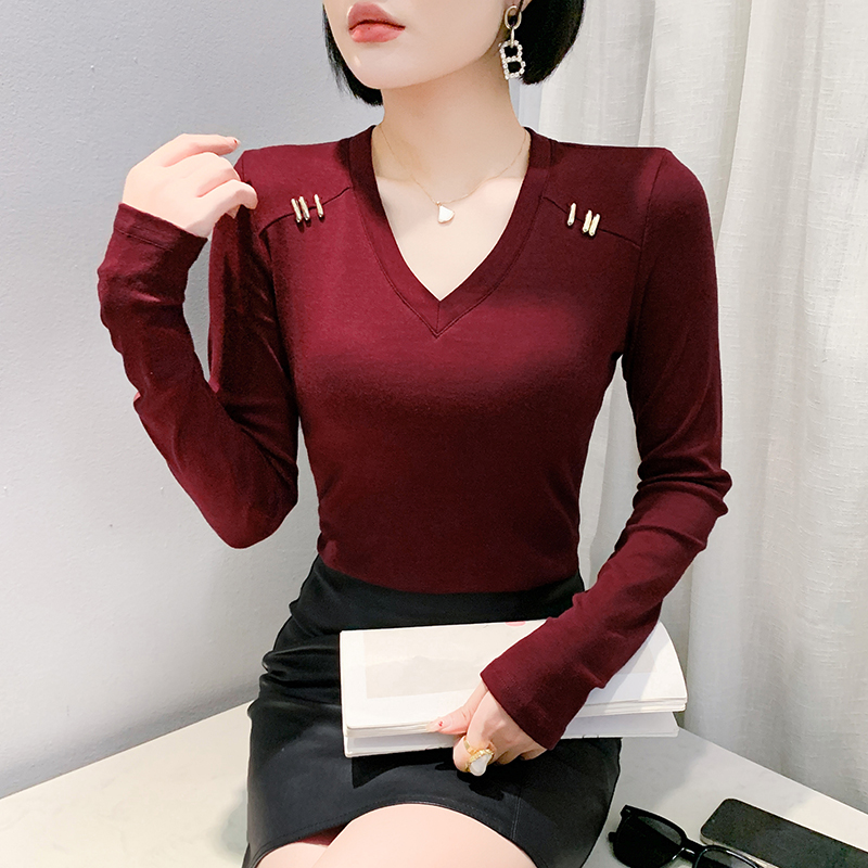 Slim gauze beauty back printing V-neck small shirt for women