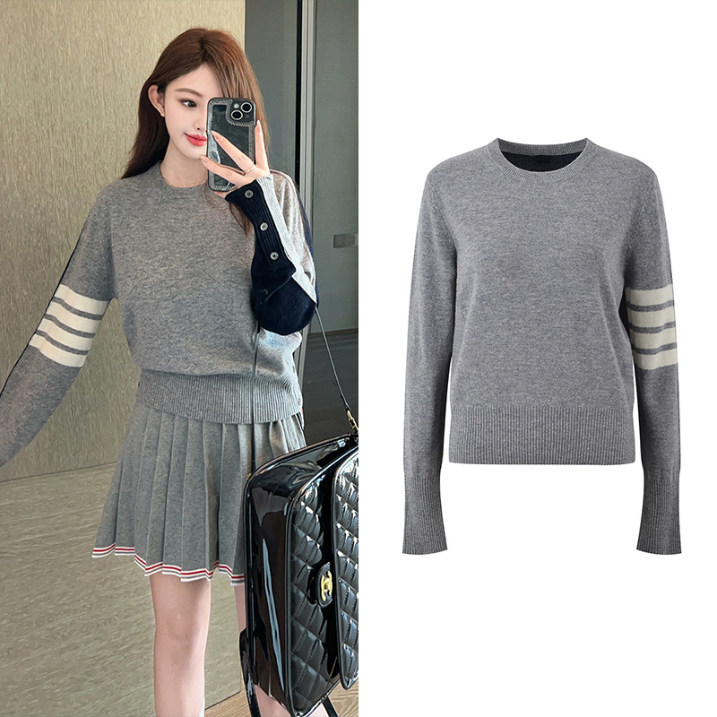 Slim all-match autumn round neck tops wool pullover gray sweater