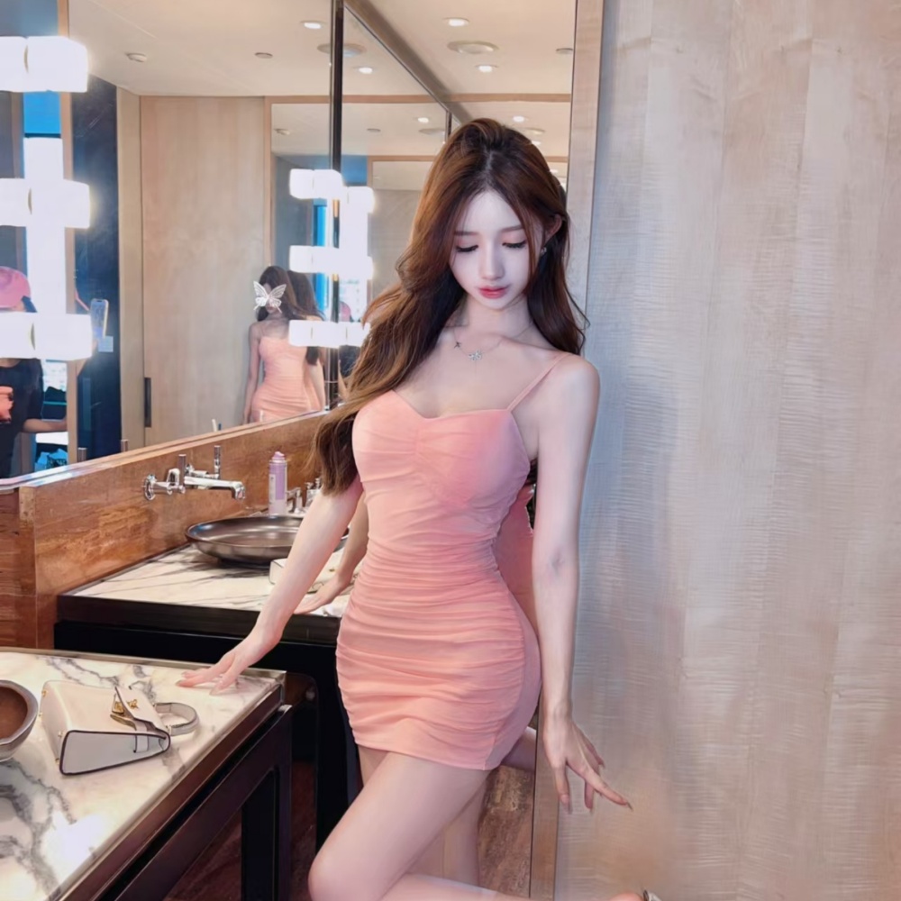 Slim sling low-cut fold sexy V-neck dress