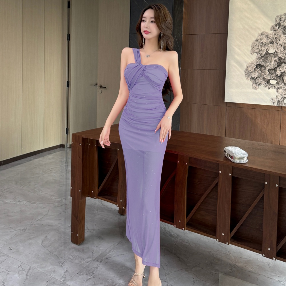 Gauze long shoulder sling sloping shoulder bottoming dress