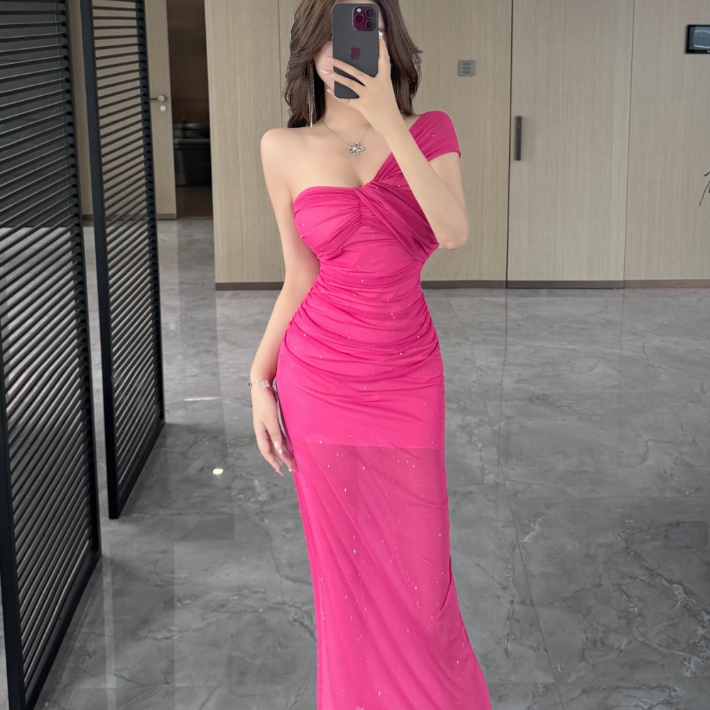 Gauze long shoulder sling sloping shoulder bottoming dress