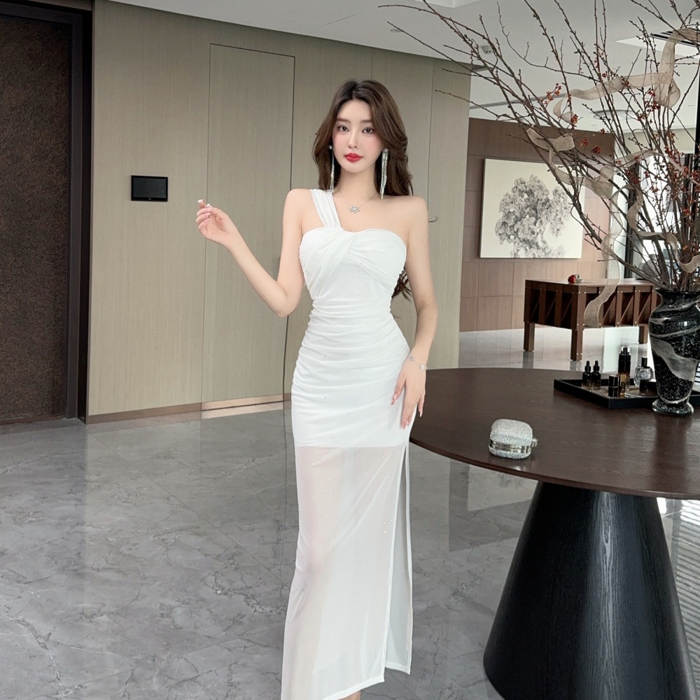 Gauze long shoulder sling sloping shoulder bottoming dress