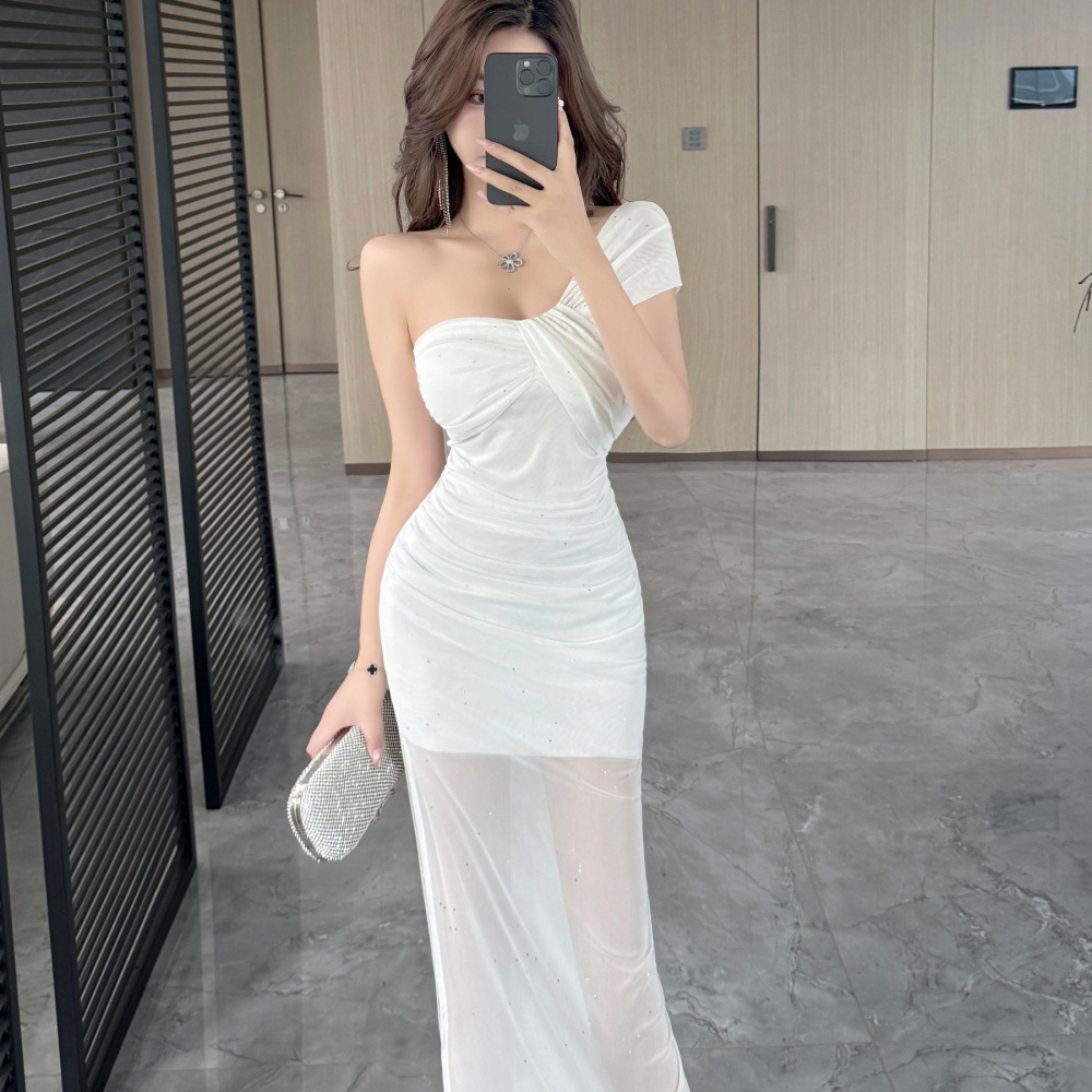 Gauze long shoulder sling sloping shoulder bottoming dress