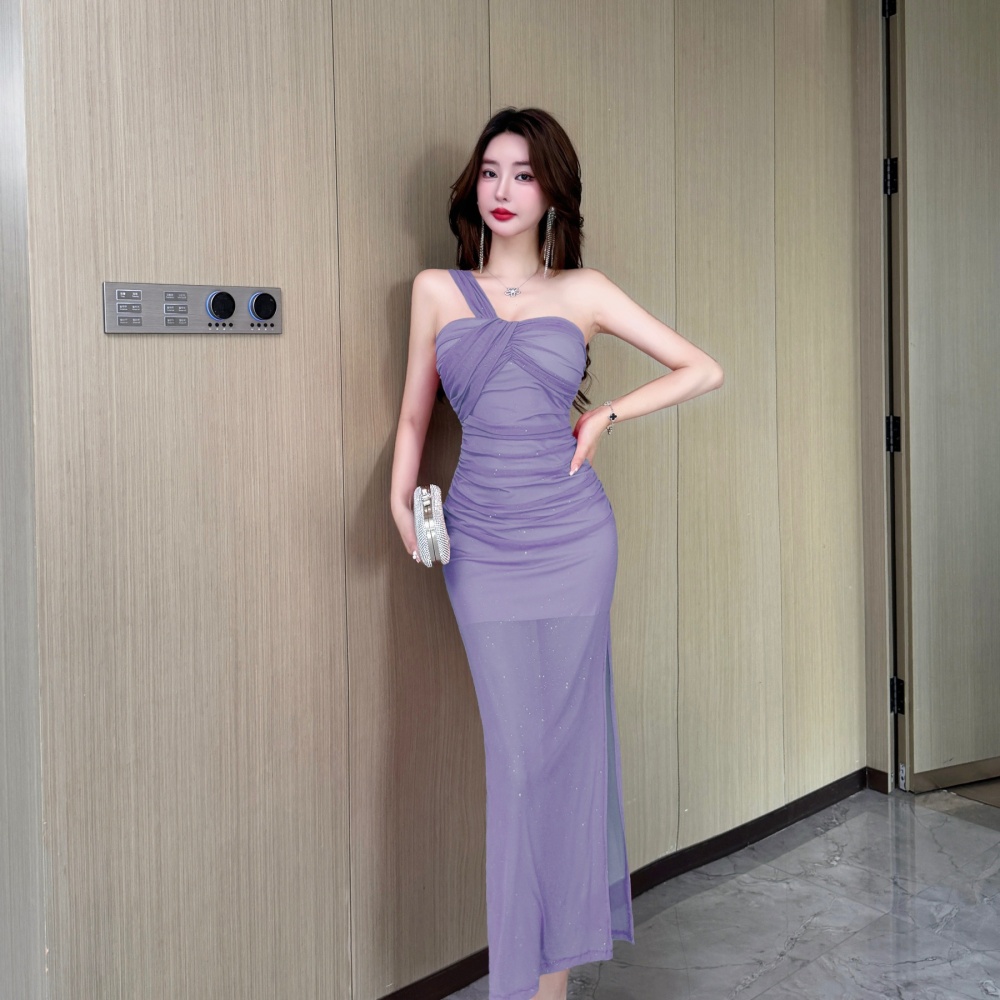 Gauze long shoulder sling sloping shoulder bottoming dress