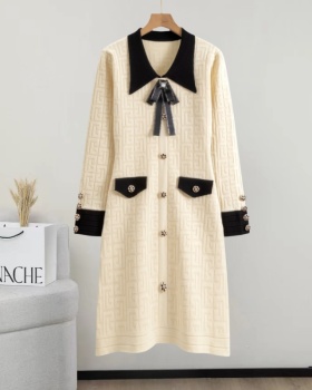 Hepburn style bow knitted long sleeve lapel dress