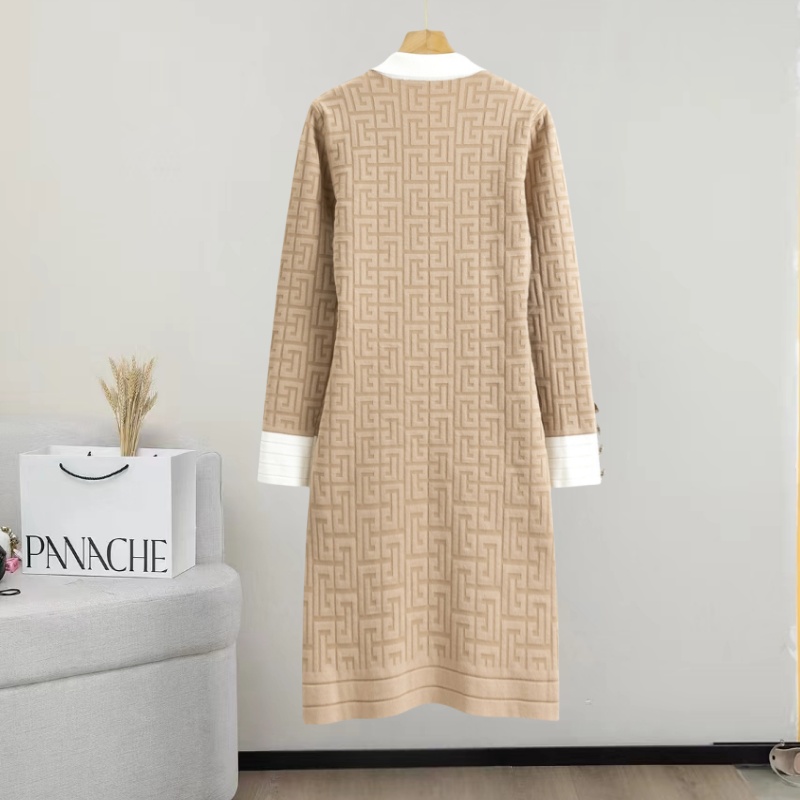 Hepburn style bow knitted long sleeve lapel dress