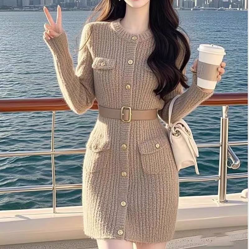 Autumn bottoming knitted long dress pinched waist chanelstyle dress