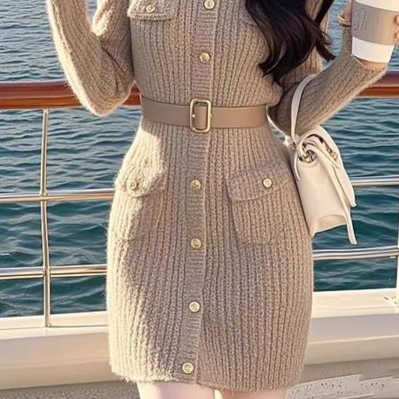 Autumn bottoming knitted long dress pinched waist chanelstyle dress