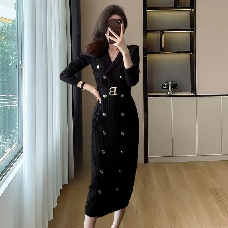 Lapel pinched waist long sleeve dress for women