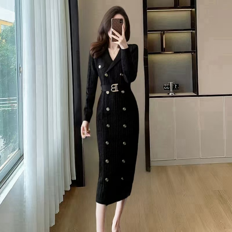 Lapel pinched waist long sleeve dress for women