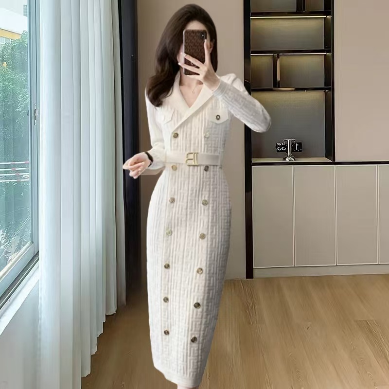 Lapel pinched waist long sleeve dress for women