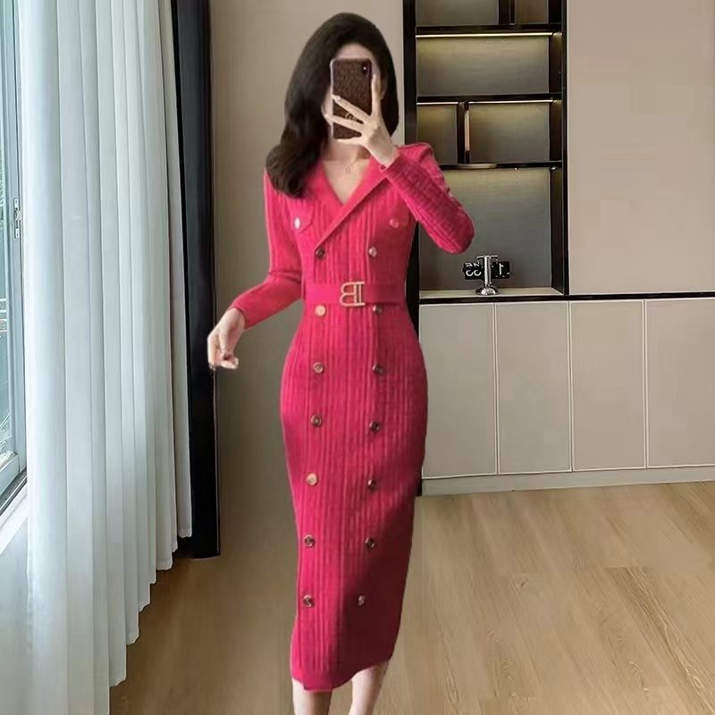 Lapel pinched waist long sleeve dress for women