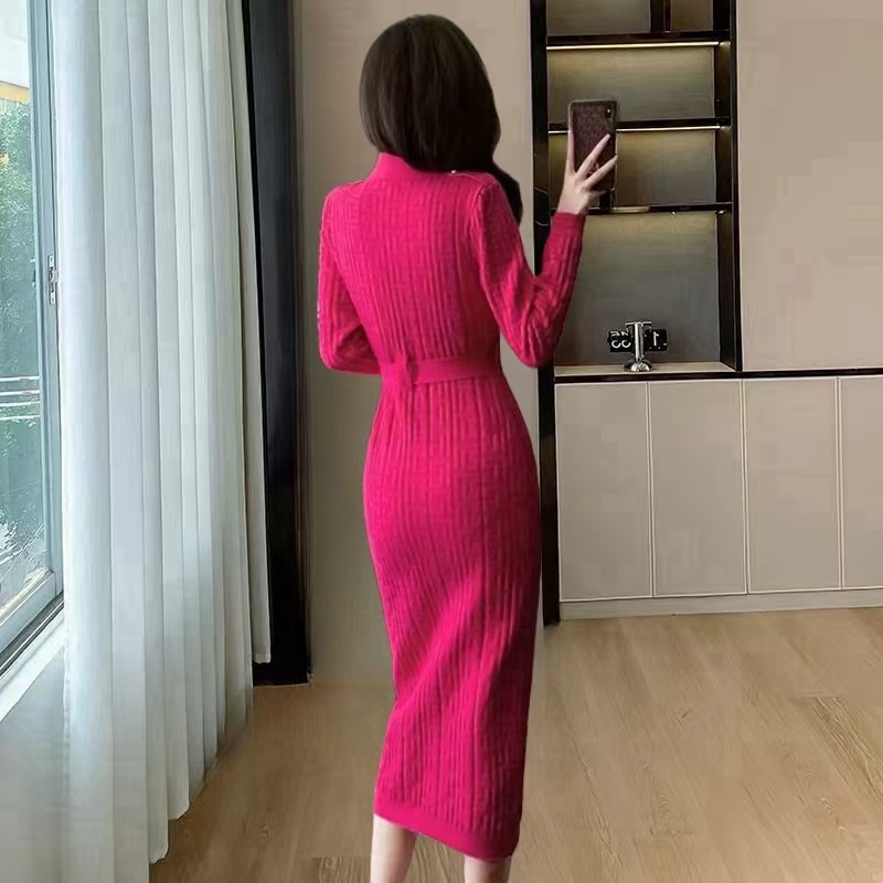 Lapel pinched waist long sleeve dress for women