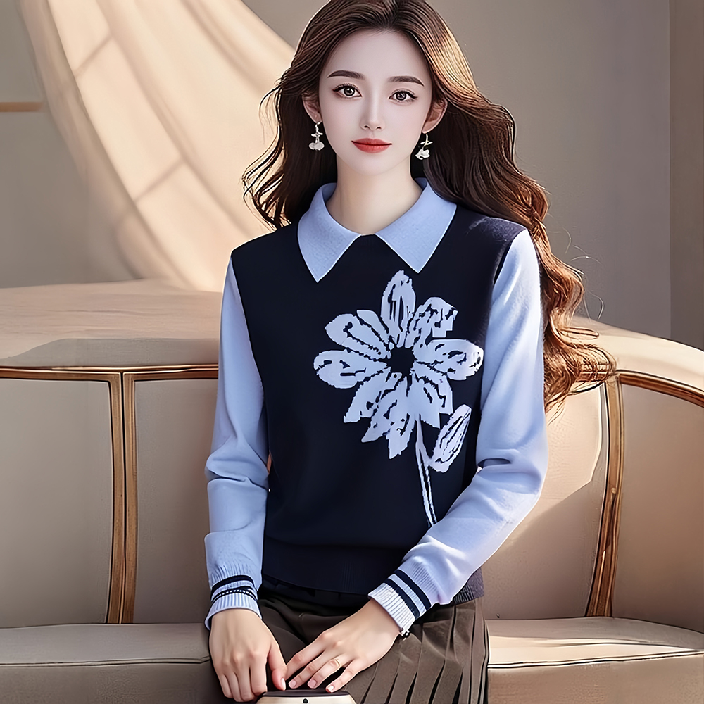 Pseudo-two sweater blue tops for women