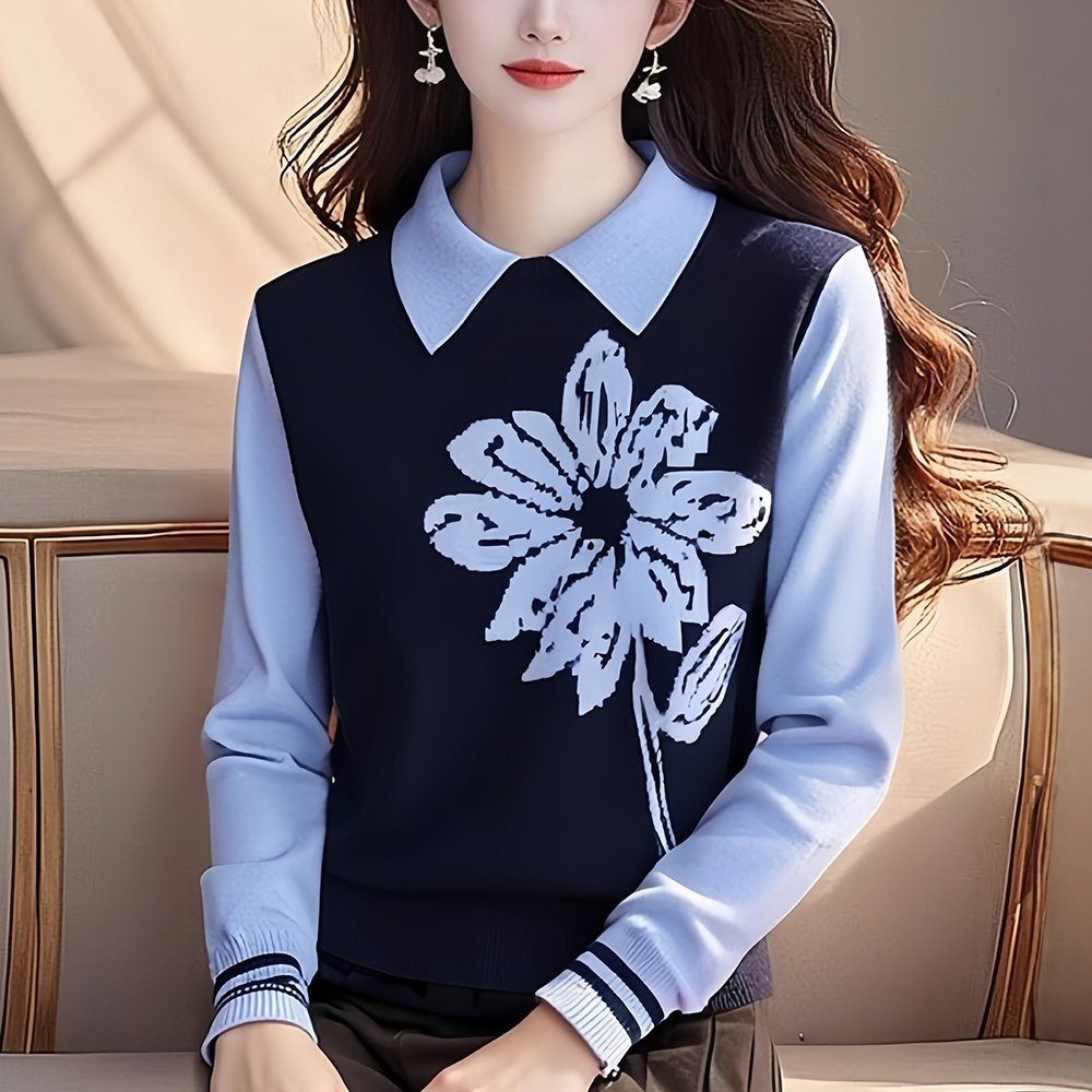 Pseudo-two sweater blue tops for women