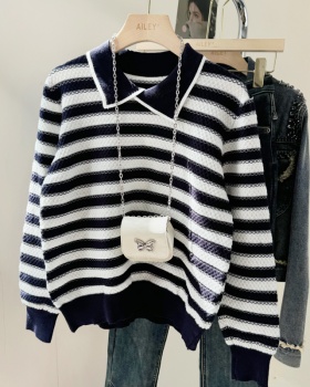 Stripe lapel tops autumn and winter bottoming sweater