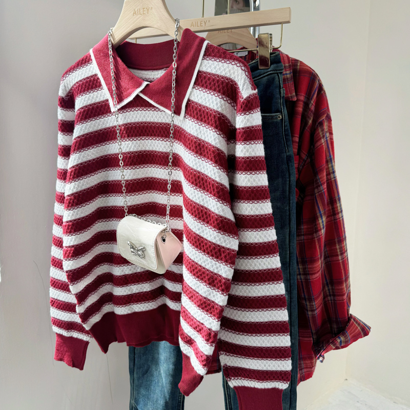 Stripe lapel tops autumn and winter bottoming sweater