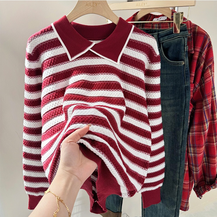 Stripe lapel tops autumn and winter bottoming sweater