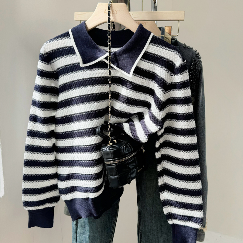 Stripe lapel tops autumn and winter bottoming sweater