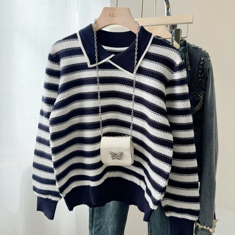 Stripe lapel tops autumn and winter bottoming sweater