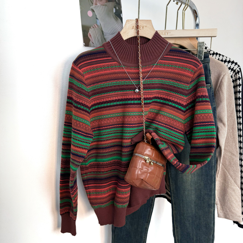 Retro half high collar stripe colors all-match sweater