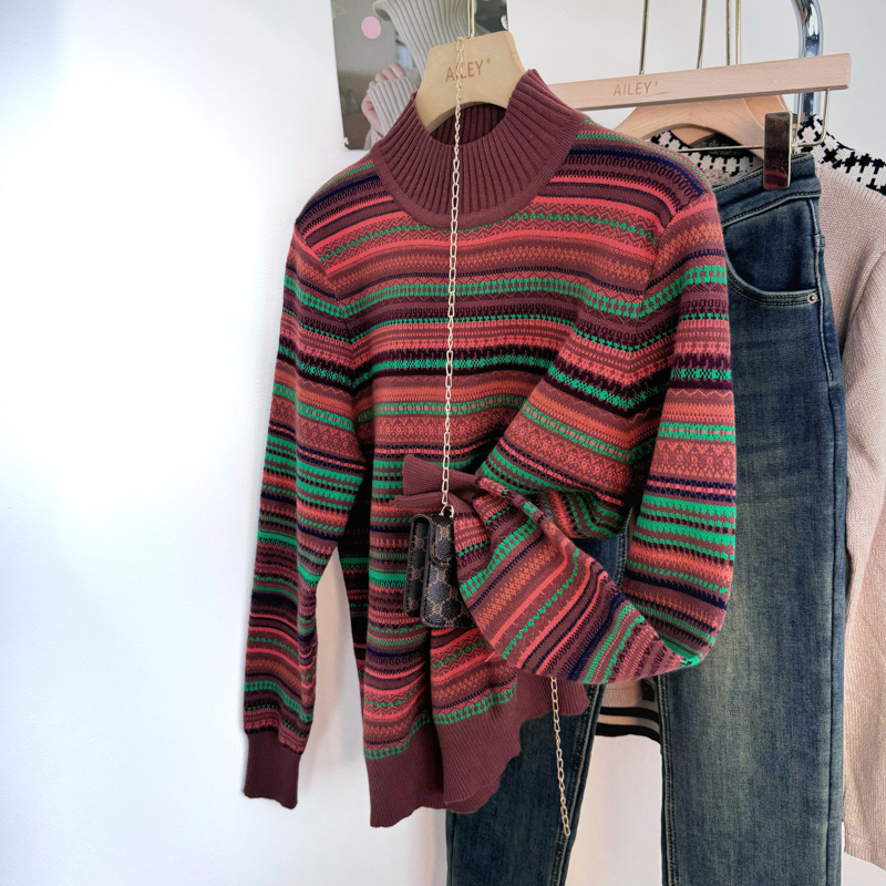 Retro half high collar stripe colors all-match sweater