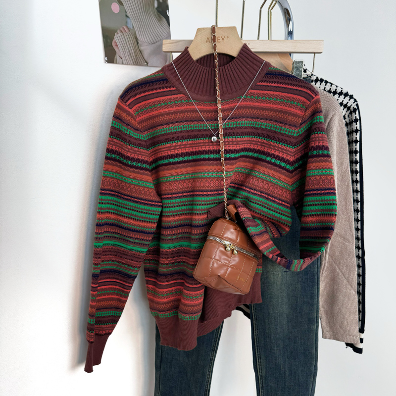 Retro half high collar stripe colors all-match sweater