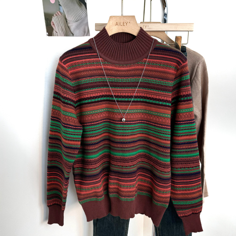 Retro half high collar stripe colors all-match sweater