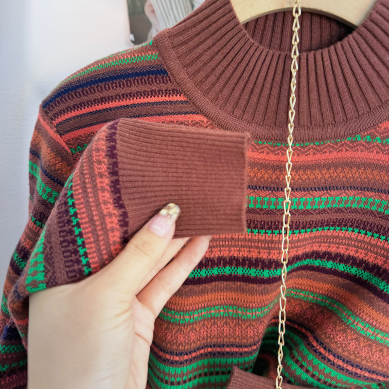 Retro half high collar stripe colors all-match sweater