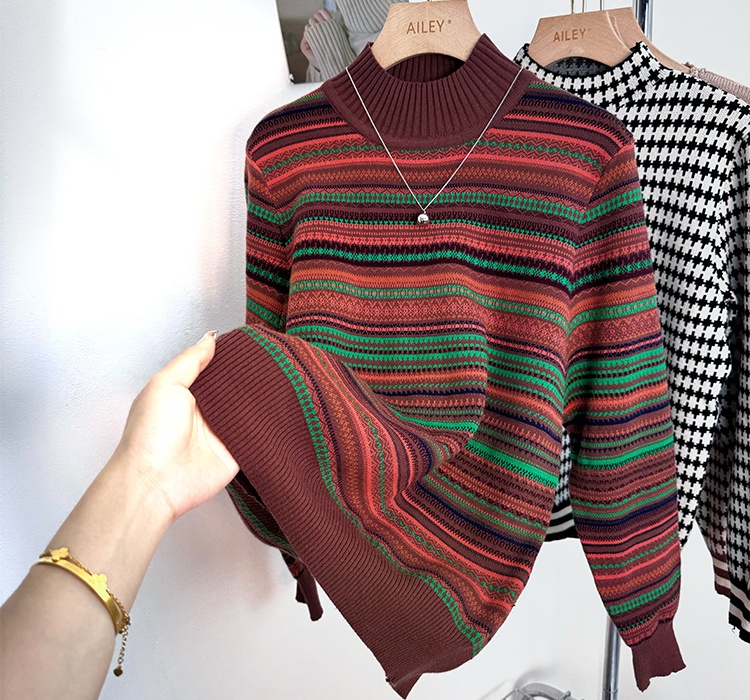 Retro half high collar stripe colors all-match sweater